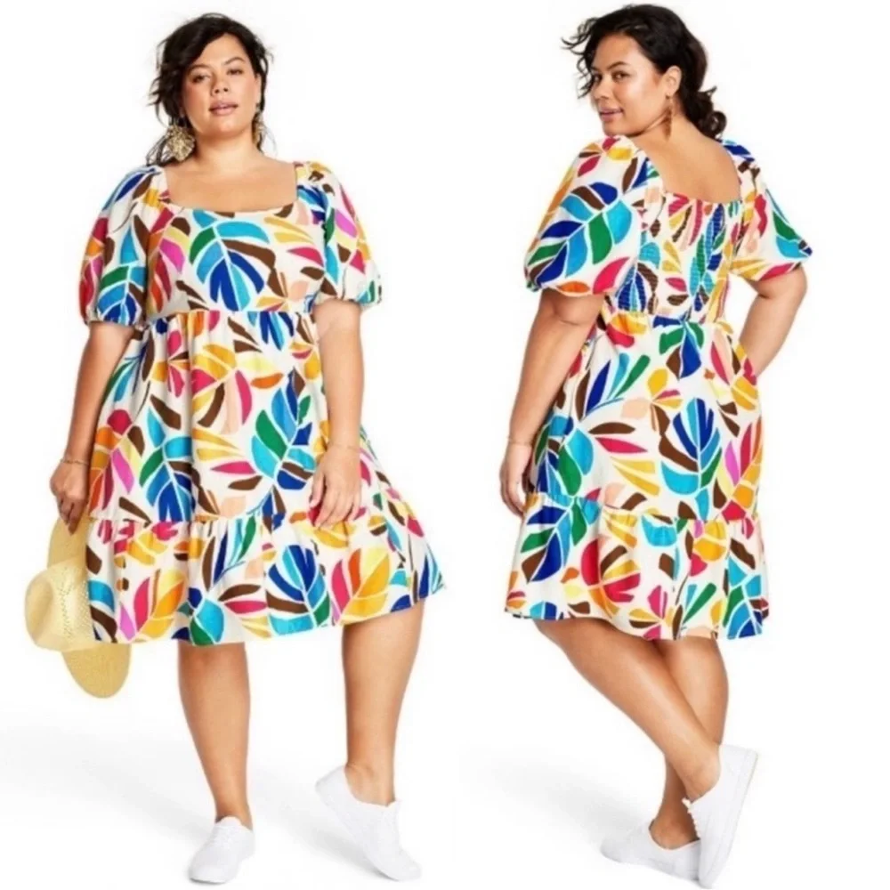 Vacation / Resort Puff Sleeve Dress | Tabitha Brown Tropical Linen | Size Large - Picture 7 of 12